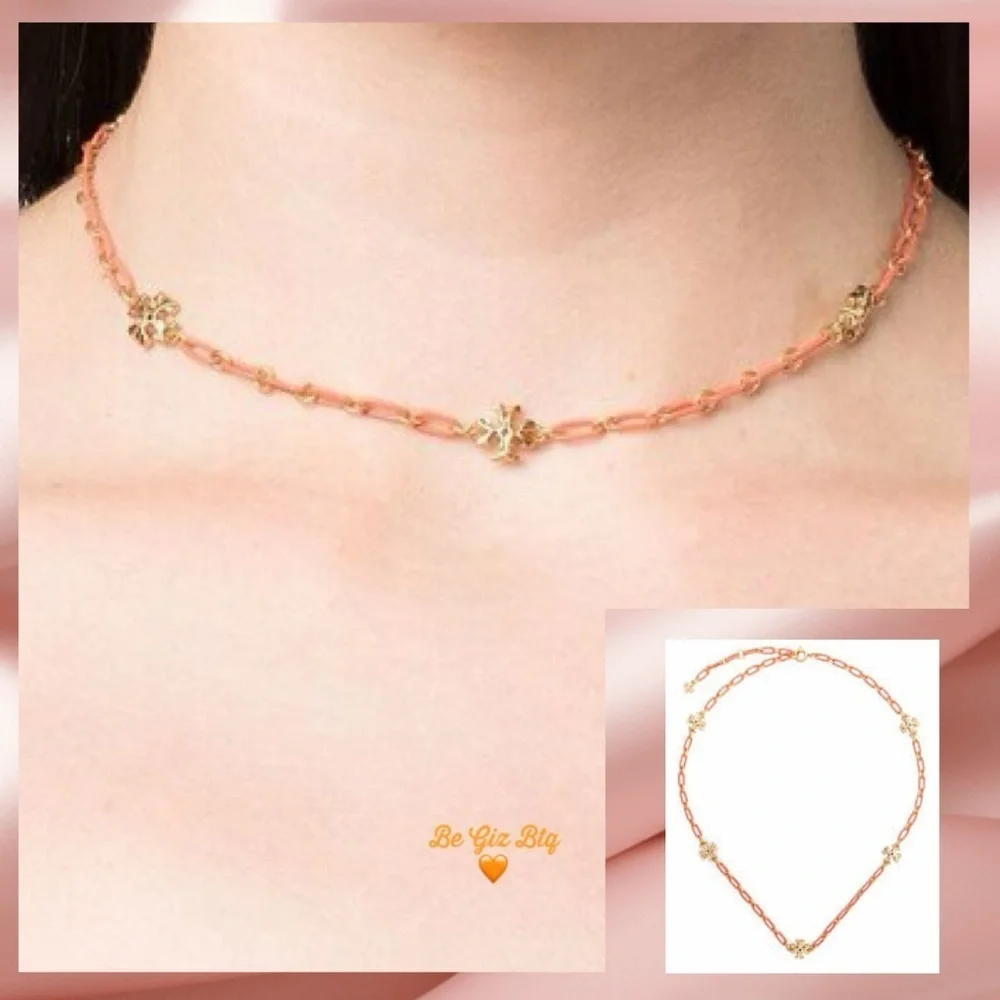 NWT Tory Burch Roxanne 18K-Gold-Plated & Coral Acrylic Logo Chain Necklace